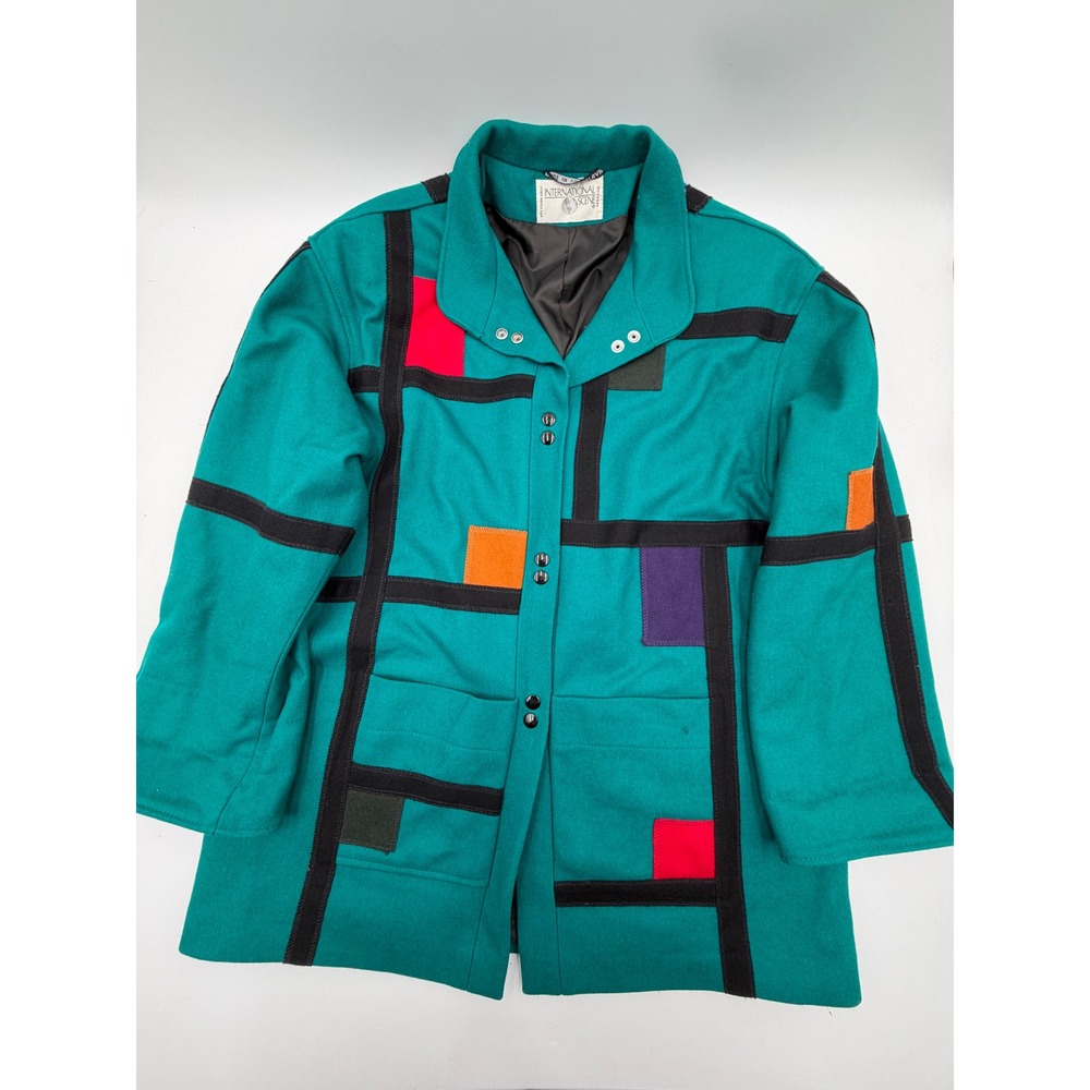 Vintage International Scene Wool Mondrian Patchwork Jacket Teal Green 14